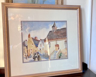 (HALL) VINTAGE FRAMED EUROPEAN TOWN STREET SCENE WATERCOLOR SIGNED 'A. HUNT '32' - 25' BY 23'