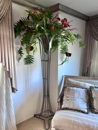 (LR) VINTAGE TALL IRON PLANT STAND WITH GLASS VASE INSERT & FLORAL DISPLAY, 1990'S - 44' BY 88' - WE HAVE 2