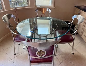 (K) ROUND GLASS TOP DINING TABLE W/ SILVER TONE METAL BASE & FOUR CHAIRS  WITH FLEUR DE LIS DESIGN -48' BY 30