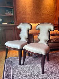 (LIB) PAIR OF LEXINGTON FURNITURE FANCY BACK LEATHER ACCENT CHAIRS WITH NAILHEAD DETAIL - 38'H BY 20'W BY18'D