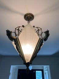 (C.HALL) VINTAGE FRENCH ART DECO FROSTED & ETCHED GLASS CHANDELIER WITH BRASS/BRONZE FRAME - 27' BY 16'