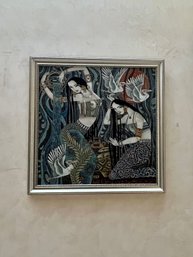 (U) VINTAGE FRAMED LACQUER ART DEPICTING ASIAN WOMEN WITH BIRDS - LUCITE PANEL 45' BY 45'