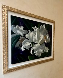 BEAUTIFUL HUGE FRAMED FLORAL OIL PAINTING ON CANVAS - SIGNED 'GEARY?' - WHITE IRIS - 59' BY 48'