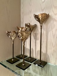 (DEN) FAB VINTAGE BLOWN GLASS & BRASS CANDLE HOLDERS - SIGNED, JERE? - FIVE GRADUATED SIZES, 12'- 18' - HEAVY