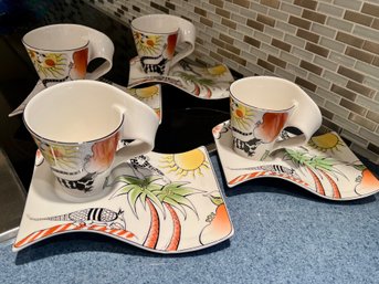 (B-201) SET OF FOUR VILLEROY & BOCH COFFEE CUP & SAUCERS - 'NEW WAVE, JUNGLE' PATTERN-10' LONG PLATE, 4.5' MUG