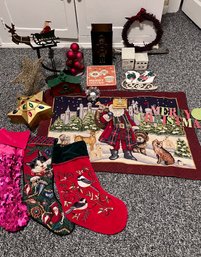 (BASE-51) Collection Of Vintage Christmas Decorations INCLUDING STOCKINGS, RUG, COUNTERBALANCE SANTA ON SLED