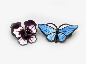 (J-17) PAIR OF NORWAY STERLING SILVER AND ENAMEL PINS - DAVID ANDERSEN PANSEY & BUTTERFLY - 1-2'