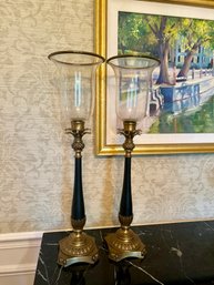 (DR) ELEGANT PAIR OF BRASS & HURRICANE GLASS CANDLE HOLDERS, HEAVY WITH PINEAPPLE DETAIL - 27'H ON 8' BASE