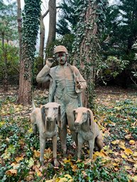 WONDERFUL ENGLISH HUNTSMAN & DOGS BRONZE GARDEN STATUE - CRACK TO HIS HELMET - SEE PICS - 53' WIDE BY 39' HIGH