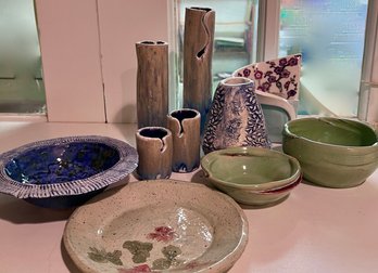 (BASE-53) COLLECTION OF TEN HAND MADE PIECES OF ART POTTERY - VASES, BOWLS, UNIQUE - 4'-12'