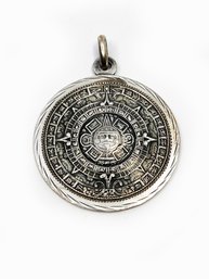 (J-22) BIG VINTAGE STERLING SILVER MAYAN CALENDAR INCA STYLE PENDENT - SIGNED, MEXICO - APPROX. 28 GRAMS