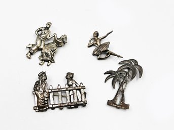 (J-24) FOUR VINTAGE STERLING SILVER FIGURAL PINS - 2 ARE BEAU STERLING - SWING DANCERS, PALMS-APPROX. 17 GRAMS