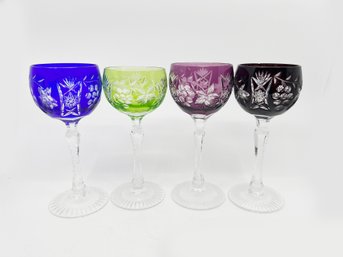 (A-6) SET OF FOUR VINTAGE BOHEMIAN GLASS COLORED CUT CRYSTAL WINE GLASSES - 7.5'