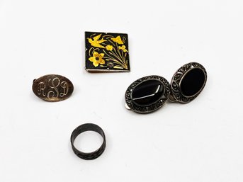 (J-25) VINTAGE LOT OF 4 JEWELRY ITEMS-EARRINGS, RING & TIE CLASP ARE STERLING-1 ENAMEL PIN