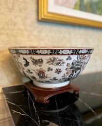 (DR) LARGE CERAMIC ASIAN BOWL ON WOOD STAND - CHRYSANTHEMUMS & BUTTERFLIES - 15' BY 8'