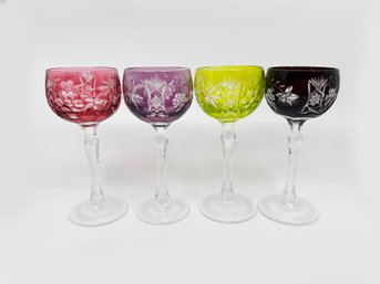 (A-7) SET OF FOUR VINTAGE BOHEMIAN GLASS COLORED CUT CRYSTAL WINE GLASSES - 7.5'
