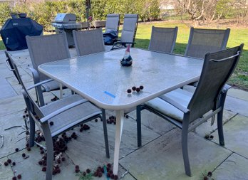 SQUARE ALUMINUM & GLASS TOP PATIO TABLE WITH SIX CHAIRS - 60' By 60' By 30'