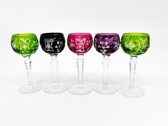 (A-10) COLLECTION OF FIVE VINTAGE BOHEMIAN GLASS COLORED CUT CRYSTAL CORDIAL GLASSES - 4.5'