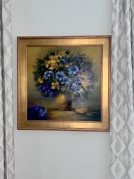 ORIGINAL OIL ON CANVAS BY IRIS KELMENSON 'SIBERIAN IRIS IN BRASS VASE' - BEAUTIFULLY FRAMED IN GOLD - 30' BY30