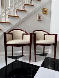 (HALL) CHIC PAIR OF POTOCCO ITALIAN BARREL ACCENT ARMCHAIRS WITH POLISHED CHERRY FRAMES -31' BY 24' BY 22',