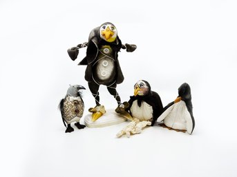 (UB-80) LOT OF 4 PENGUIN RELATED FIGURINES- SANDY VOHR LEATHER, HAND PAINTED FABRIC PENGUINS - 5'-10'