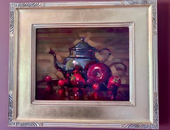 (LIB) OIL ON CANVAS STILL LIFE BY RICHARD DENISIEWICZ 'TEAPOT WITH RED APPLES & CHERRIES' - 21' BY 18'