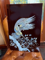 (UB-90) BLACK LACQUER PANEL WITH INLAID MOTHER OF PEARL DEPICTING AN EAGLE ON BRANCH - 16' X 24'