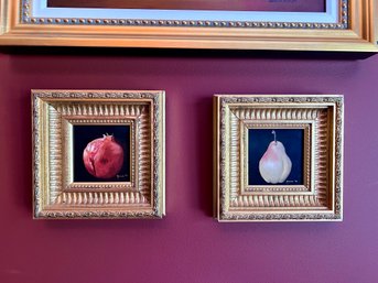 (LIB) PAIR OF FRAMED MINIATURE OIL PAINTINGS SIGNED 'ROSARIA '97'- POMEGRANATE & PEAR - 8' BY 8' - SOUTHAMPTON