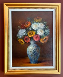 (lIB)ORIGINAL OIL ON CANVAS BY IRIS KELMENSON 'Chrysanthemum & Hydrangeas In Vase'- FRAMED IN GOLD- 29' By 23'