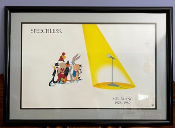 FRAMED WARNER BROS. 'SPEECHLESS' PRINT - MEL BLANC COMMEMORATIVE ART W/BUGS, PORKY, DAFFY, PEPE, SYLVESTER