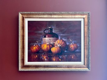 (LIB) ORIGINAL FRAMED OIL ON CANVAS STILL LIFE BY RICHARD DENISIEWICZ 'PUMPKINS' - 23' BY 19'