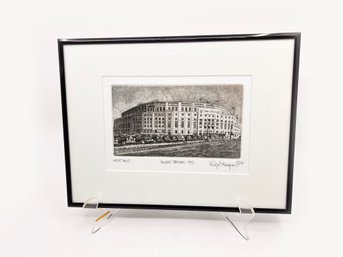 (A-5) VINTAGE ARTIST PROOF OF YANKEE STADIUM 1950 SIGNED PHILIP THOMPSON-FRAMED AND MATTED-eASEL NOT INCLUDED