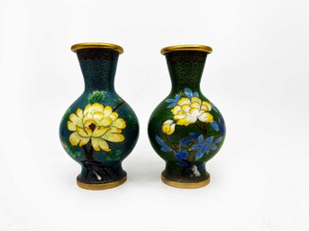 (LR-4) PAIR OF ANTIQUE MINI CLOISONNE VASES-BLUE AND GREEN-5' TALL-FLORAL DESIGNS