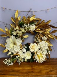 (W-4) HANDMADE BENT BRANCHES & GOLD LEAVES FLORAL WREATH - 22' ROUND