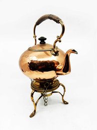 (LR-8) VINTAGE COPPER CLAD TEA KETTLE WITH MATCHING WARMER AND STAND