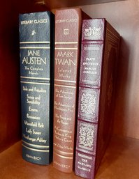 (LIB-21) COLLECTION OF THREE LEATHER BOUND HARDCOVER BOOKS - MARK TWAIN, JANE AUSTEN, PLATO