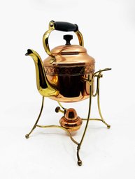 (LR-9) VINTAGE COPPER CLAD TEA KETTLE WITH MATCHING WARMER AND STAND-GERMANY-SELF POURING