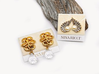 (A-13) LOT OF 2 VINTAGE  'NINA RICCI' GOLD TONED CLIP ON EARRINGS-ORIGINAL PACKAGING-RHINESTONE-FAUX PEARL