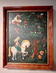 (W-5) VINTAGE FRAMED NORWEGIAN ROSEMALING PAINTING ON CANVAS - SWEDISH -FOLK ART QUEEN ON HORSE 17' BY 21'
