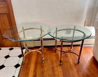 (LR) PAIR OF POST MODERN GLASS TOP OCCASIONAL TABLES WITH BRASS BASE - ONE ROUND & ONE HEXAGON -APPROX.27X23