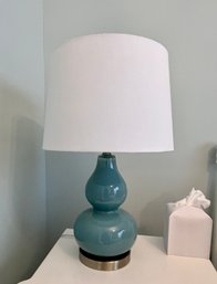 (LowBed) CONTEMPORARY TURQUOISE BLUE CERAMIC TABLE LAMP WITH LINEN SHADE -15'H BY 7'W