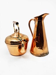 (LR-11) LOT OF 2 VINTAGE ITEMS-SOLID COPPER T.T & S PITCHER & COPPER CLAD TEA KETTLE