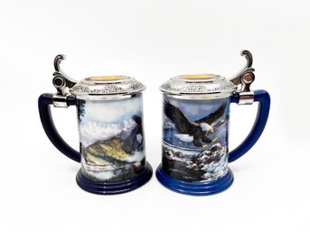 (A-44) VINTAGE PAIR OF COLLECTOR TANKARDS-'GUARDIAN OF THE ARTIC & EAGLE OF THE LAST FRONTIER-BY TED BLAYLOCK