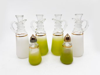 (A-47)  FOUR MCM FROSTED CRUETS W/STOPPERS & PAIR OF SALT & PEPPER SHAKERS-ANCHOR HOCKING, YELLOW BLENDO