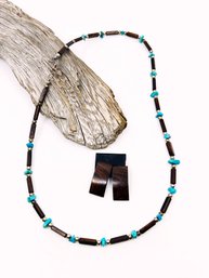 (A-18) MATCHING SET OF 'LAWRENCE FAVORITE' SOUTHWESTERN STYLE-TORQOISE & IRONWOOD-NECKLACE & EARRINGS