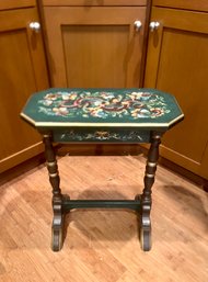 (F-2) CHARMING VINTAGE HAND PAINTED NORWEGIAN ROSEMALING ACCENT TABLE WITH ONE DRAWER- 17' BY 21' BY 9' D