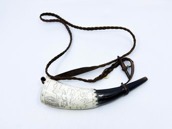 (A-21) VINTAGE REPO PERSONALIZED AND ENGRAVED BLACK POWDER HORN WITH LEATHER SHOULDER STRAP