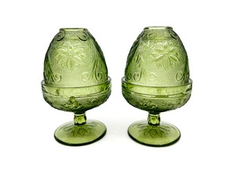 (A-50) PAIR OF OLIVE GREEN PRESSED GALSS FAIRY LAMPS - SO PRETTY, 6'