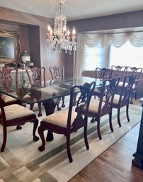 BEAUTIFUL VINTAGE GLASS TOP DINING TABLE W/CARVED LION HEAD LEGS & CLAW FEET WITH SIX CHIPPENDALE STYLE CHAIRS