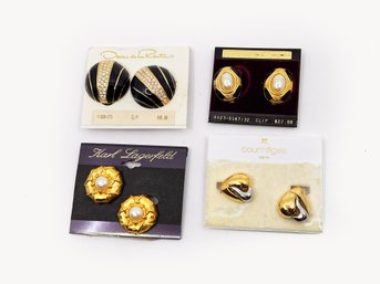 (A-27) VINTAGE LOT OF 4 CLIP ON EARRINGS-oSCAR DE LA RENTA, KARL LAGERFIELD, COURREGES, UNMARKED